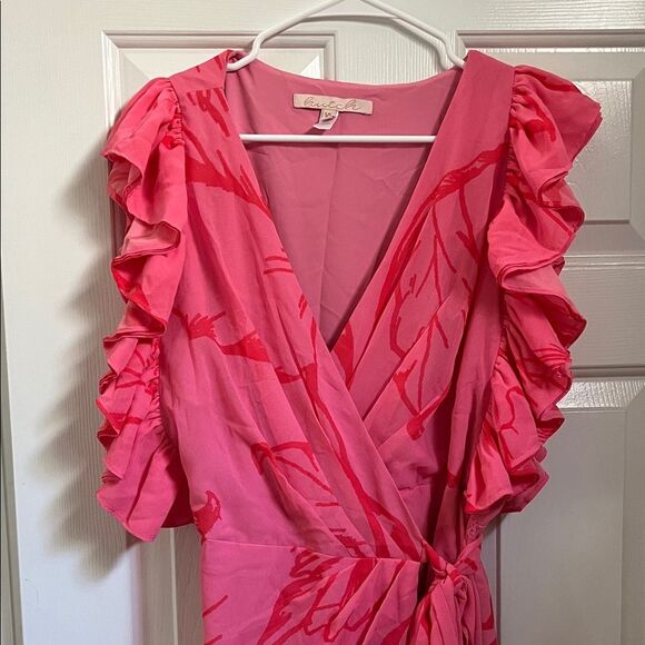 Anthropologie Hutch Beck Ruffled V-Neck Wrap Midi Dress floral pink size XL - Picture 3 of 12